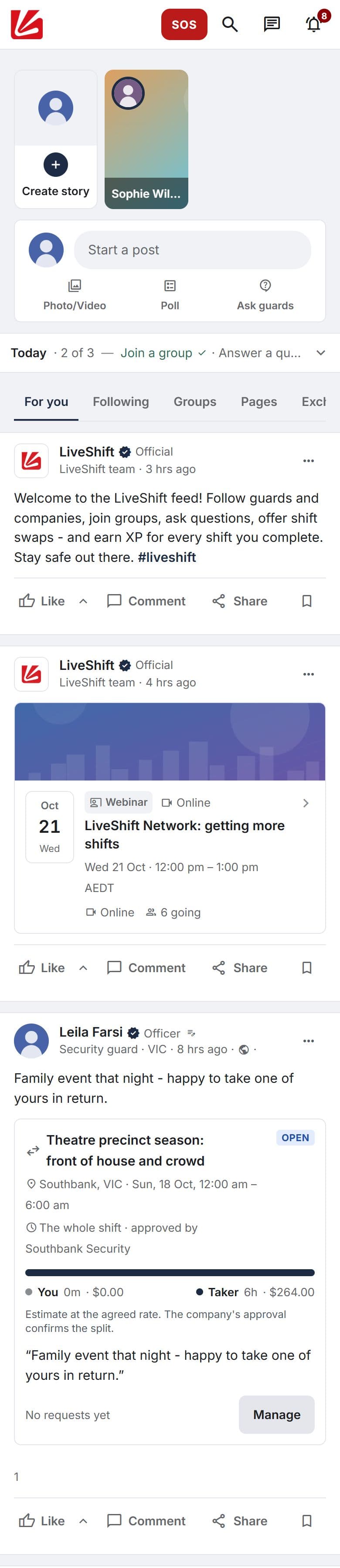 The LiveShift Network feed on a phone: stories, a post box, an official post, an event and a shift swap